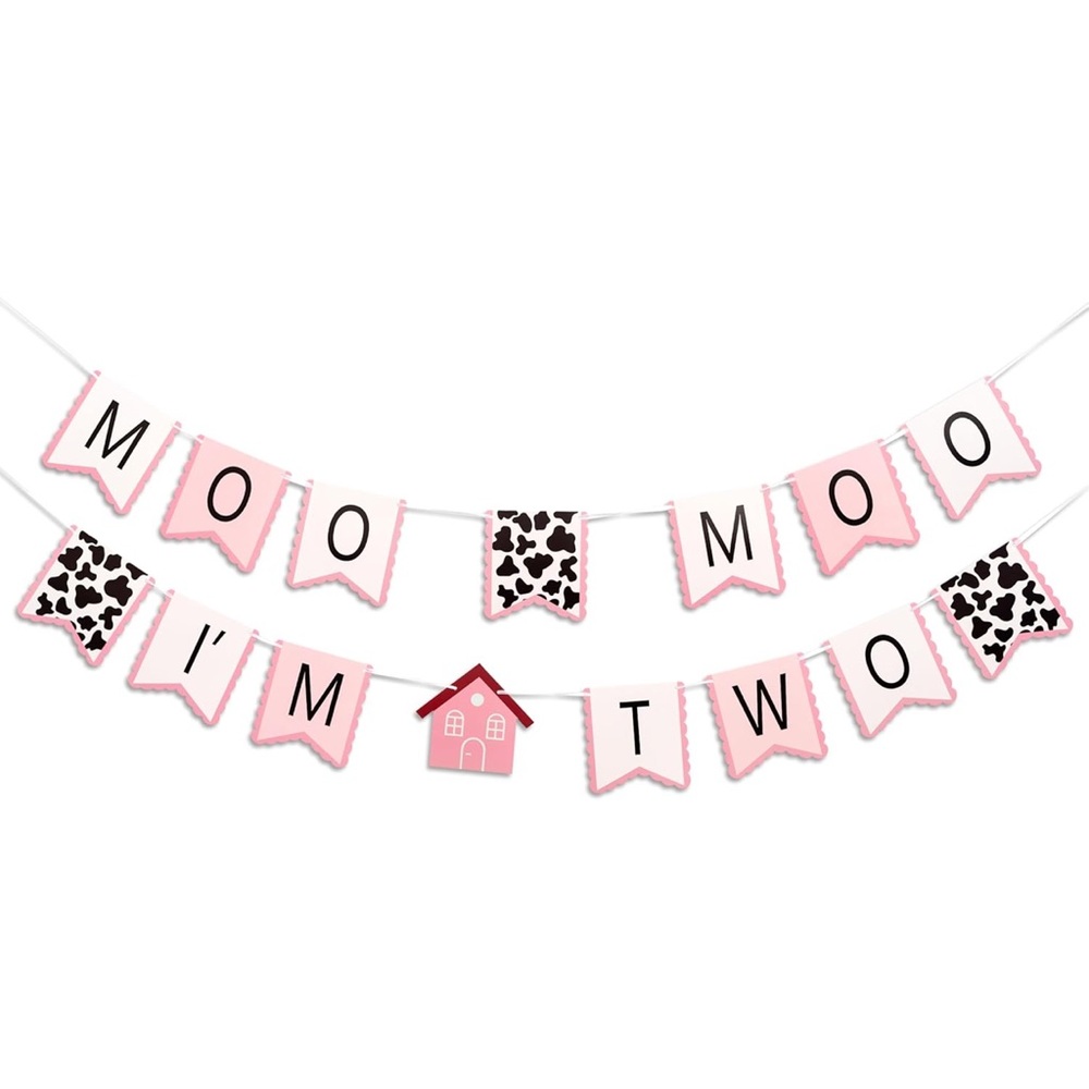 Pink "Moo Moo I'm Two" Cow Print Party Banner - Birthday Decoration